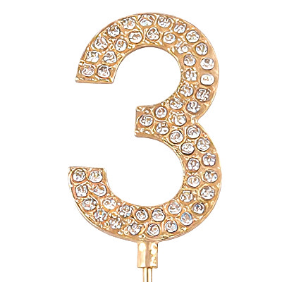 Декоративное украшение для торта со стразами «Цифра 3» (4 см, золото)