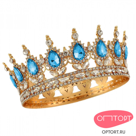 Топпер корона на торт, золото (15 см, Голубые камни)
