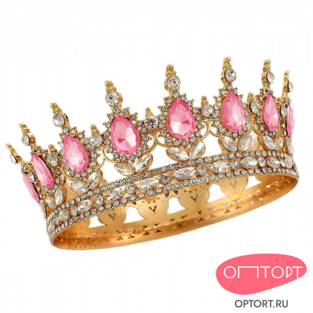 Топпер корона на торт, золото (15 см, Розовые камни)