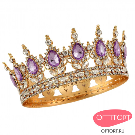Украшение корона на торт, золото (15 см, Сиреневые камни)