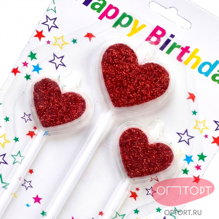 Набор свечей для торта с блестками «Сердечки красные», 3 шт